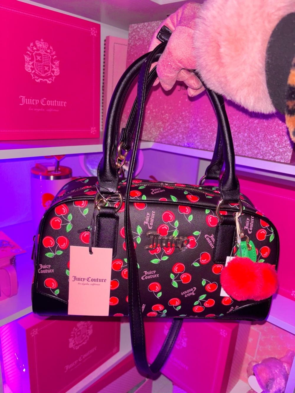 Juicy Couture Black Cherry-Print bag with Pom Charm and gold accents (VIRAL)✨🍒🖤 - Picture 4 of 6